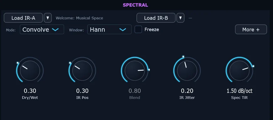 The Spectral section: two impulse response slots, Convolve mode, Dry/Wet, IR Pos, Blend, IR Jitter and Spec Tilt.