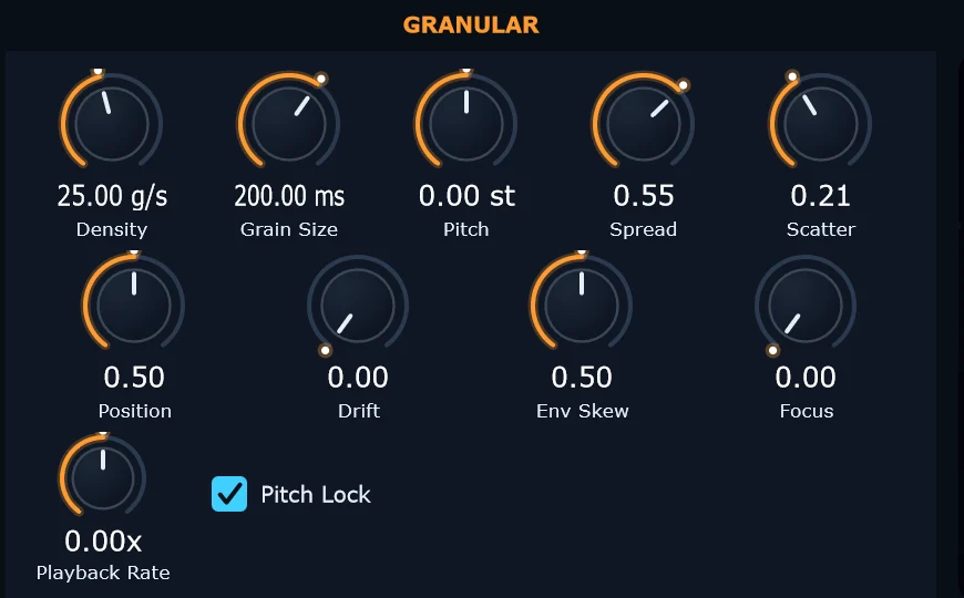 The Granular section of the plugin: Density, Grain Size, Pitch, Spread, Scatter, Position, Drift, Env Skew, Focus, Playback Rate and Pitch Lock.